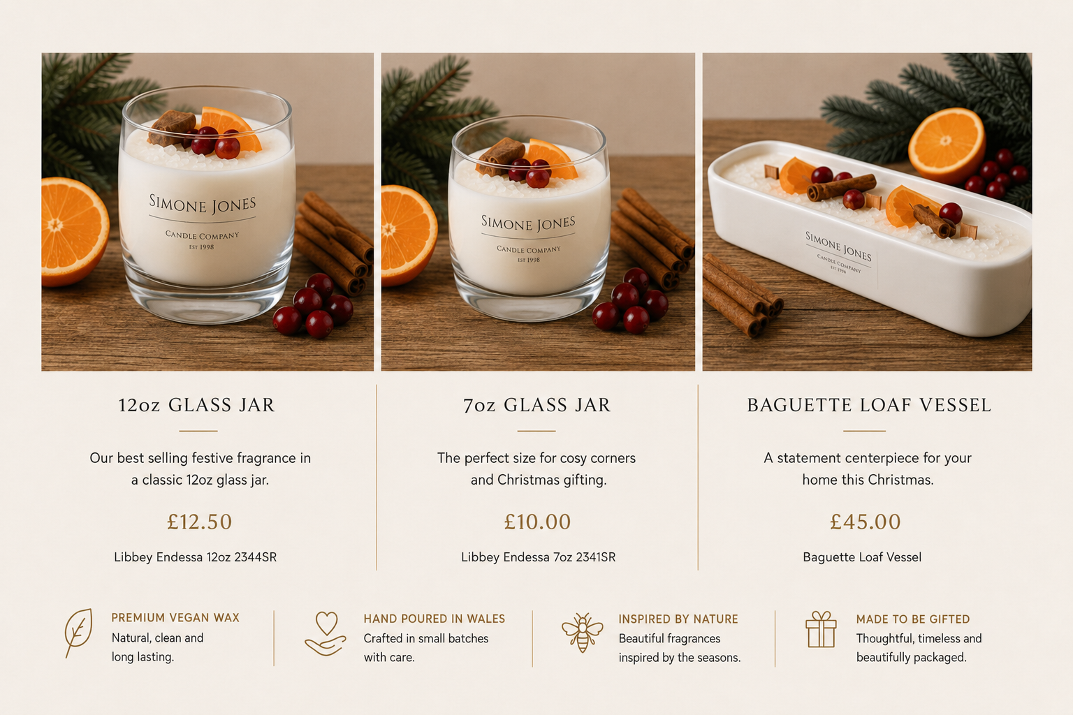 Three images of festive candles by Simone Jones Candle Company on a wooden surface with oranges, red berries, and cinnamon sticks. The first image shows a 12oz glass jar candle, the second a 7oz glass jar, and the third a baguette loaf vessel candle. The text describes product details, pricing, and features such as vegan wax, handmade, inspired by nature, and gift-ready packaging.