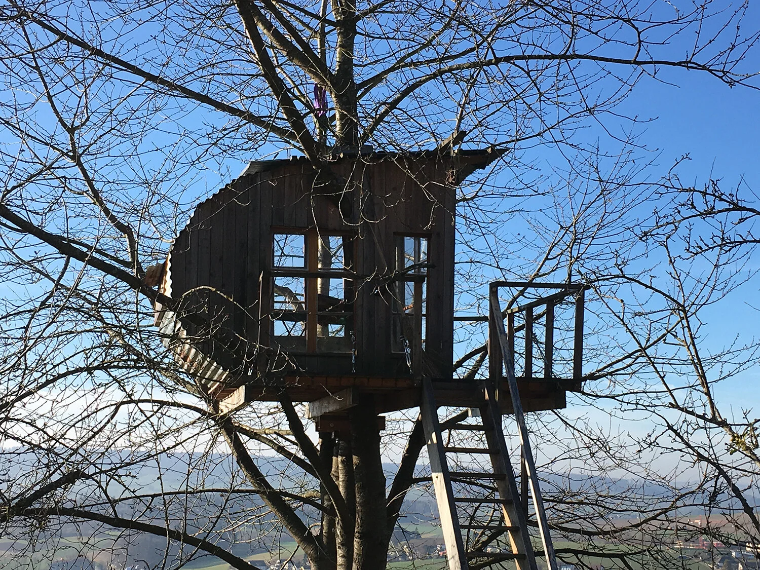 Baumhaus-Silhouette vor blauem Himmel
