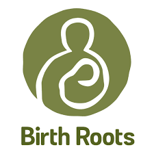 Illustration of a mother holding a baby, with the text 'Birth Roots' beneath, on a green circular background.