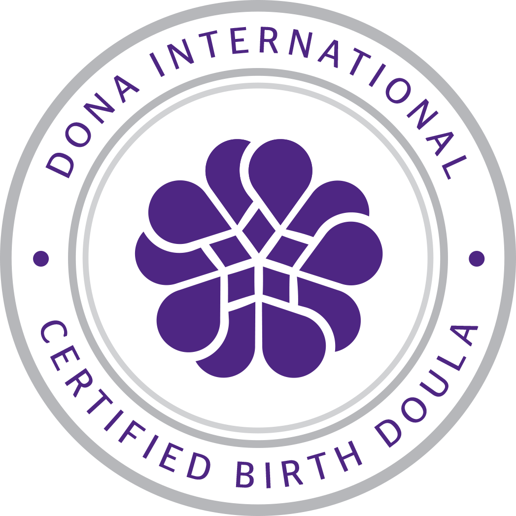 Logo for DONA Internacional Certified Birth Doula featuring a purple floral or geometric design inside a gray and black circular border with purple text.