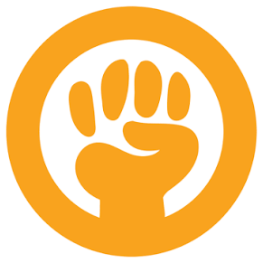 An orange circle logo with a white clenched fist in the center, symbolizing strength or solidarity.