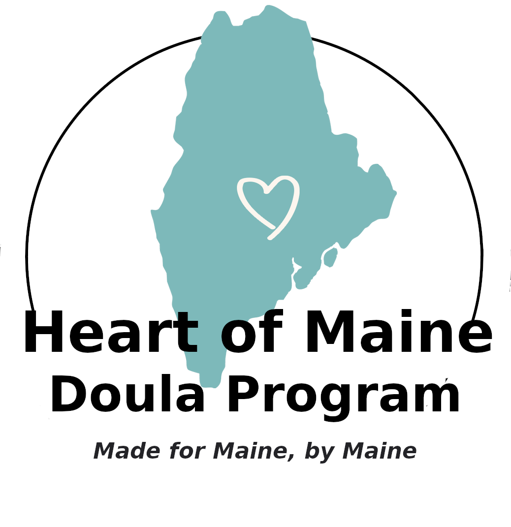 Logo for Heart of Maine Doula Program featuring a blue outline of the state of Maine with a white heart sketch inside, and text that says 'Heart of Maine Doula Program' and 'Made for Maine, by Maine'.