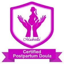 Logo of a certified postpartum doula service with a shield featuring a silhouette of a woman, hands, and the word "Madrella".