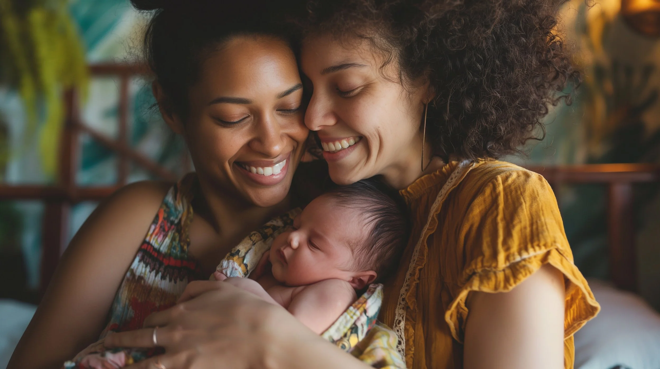Two women with curly hair smiling and embracing a baby, close-up of their faces showing happiness and affection.