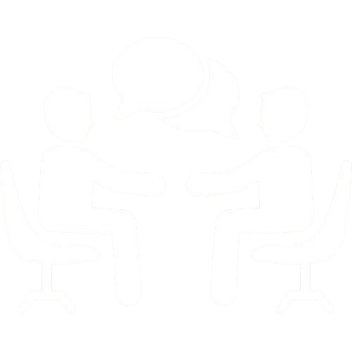 Two people sitting at a table talking, with speech bubbles above them.