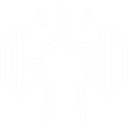 The image shows a clenched fist gripping a barbell with weights on each side, symbolizing strength or fitness.