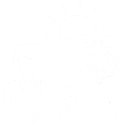An icon of a person with glasses and a bowtie next to a lightbulb and gear symbol, representing ideas and innovation.