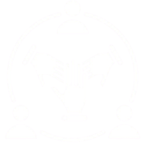 Icon of three hands coming together in the center, surrounded by three abstract human figures connected by a circular line, symbolizing teamwork or collaboration.