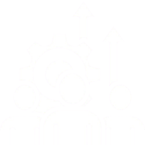 Icon of three people with gear and upward arrows, symbolizing teamwork and growth.