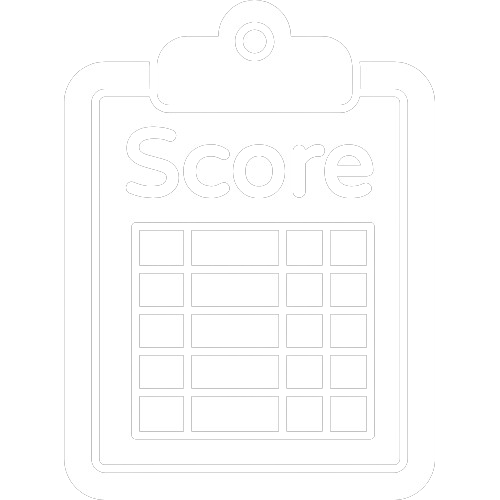 Icon of a clipboard with a score sheet and a large checkmark.