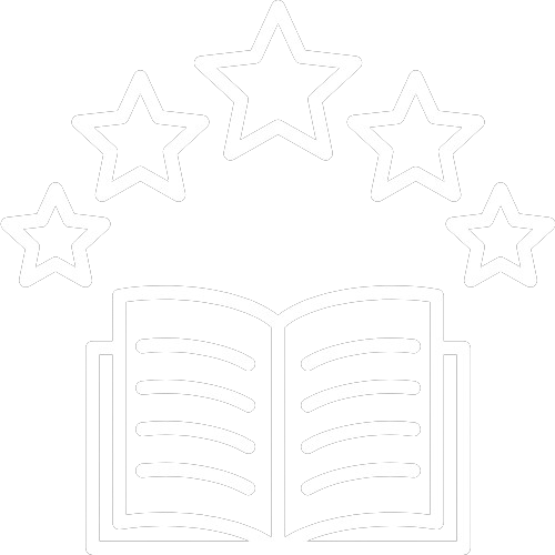 Open book with five stars arching above it, representing recognition or excellence.