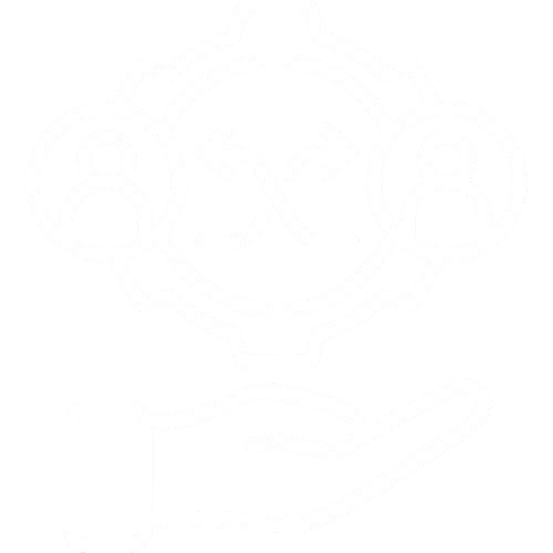 Icon of two people connected by arrows inside a gear, with a hand underneath