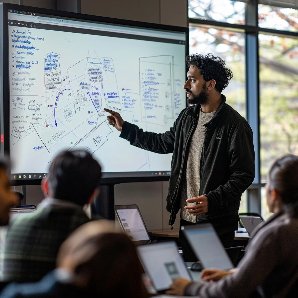 A man is giving a presentation in a classroom or conference room, using a large digital screen with handwritten notes and diagrams. Several people are sitting at tables, working on laptops, and listening to the presenter.