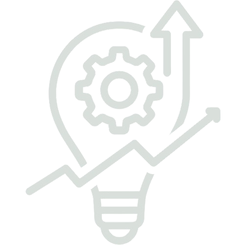 Light bulb with a gear inside and upward trending arrows, symbolizing innovation and growth.