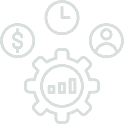 Icons of a clock, a dollar sign, and a person connected to a gear with a bar chart inside.