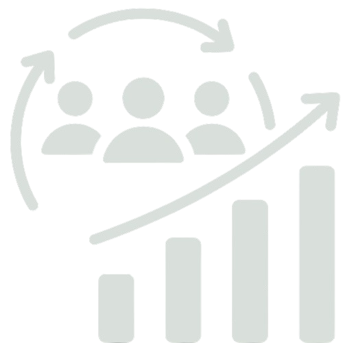 Icon featuring three people, a circular arrow, and a rising bar chart.