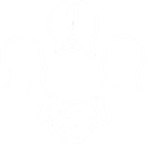 Outline of two people shaking hands with two speech bubbles above them, one containing an exclamation mark, symbolizing communication or discussion.