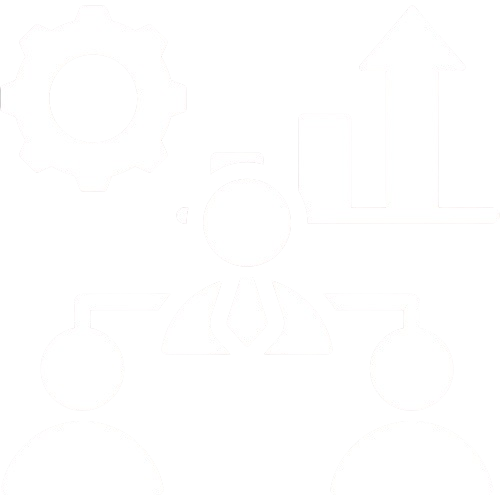 An icon of a gear, a person in a suit with two connected circles, a bar chart with an upward arrow, representing business or workflow automation.