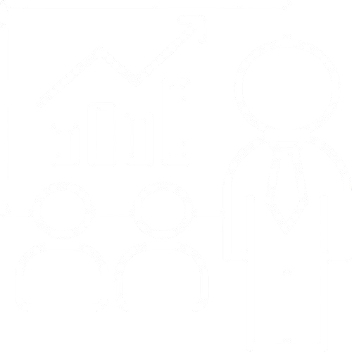 Outline icon of a business presentation with a chart showing an upward trend, and a person standing next to two seated audience members.
