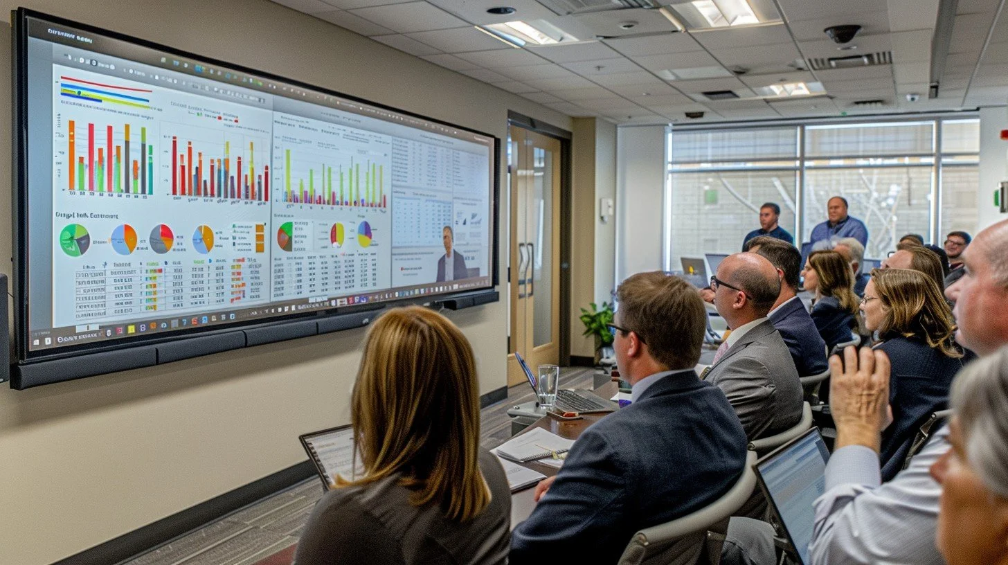 Business meeting with multiple people watching a presentation with large screen displaying graphs and charts in a conference room.