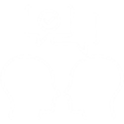 Two outlined human profile icons facing each other with speech bubbles above them, one containing a checkmark.
