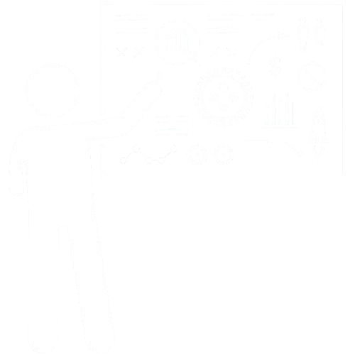 Person teaching or presenting data and charts on a large display board.