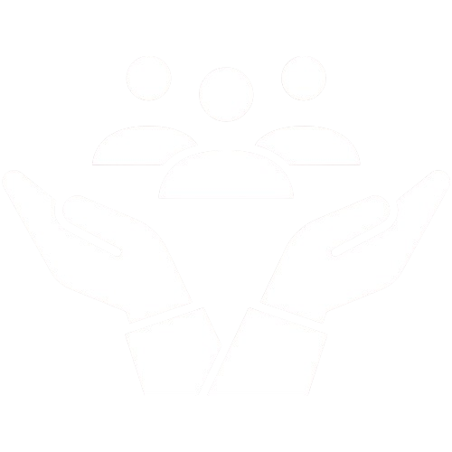 Two hands cupping a group of three abstract human figures.