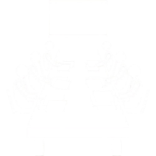 Illustration of a business meeting with eight people sitting around a conference table, viewing a large screen or monitor.