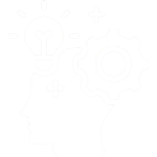 Silhouette of a human head with a light bulb and gear inside, symbolizing ideas and thinking.