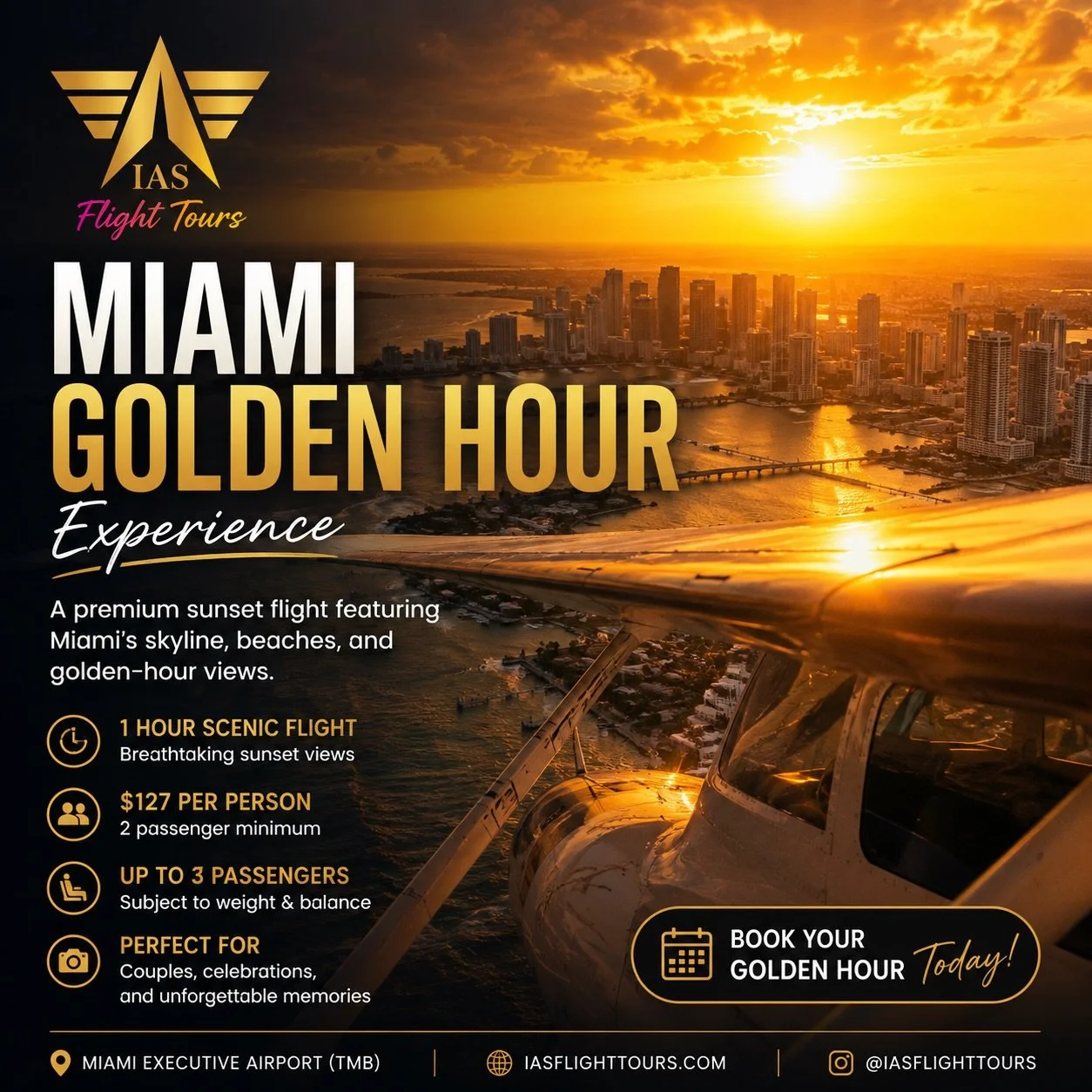 Miami hits different during Golden Hour. 🌅✈️

Experience the city as the sun goes down with our Miami Golden Hour Experience a private scenic flight featuring Miami&rsquo;s skyline, beaches, coastline, and unforgettable sunset views.

✨ 1-hour sceni
