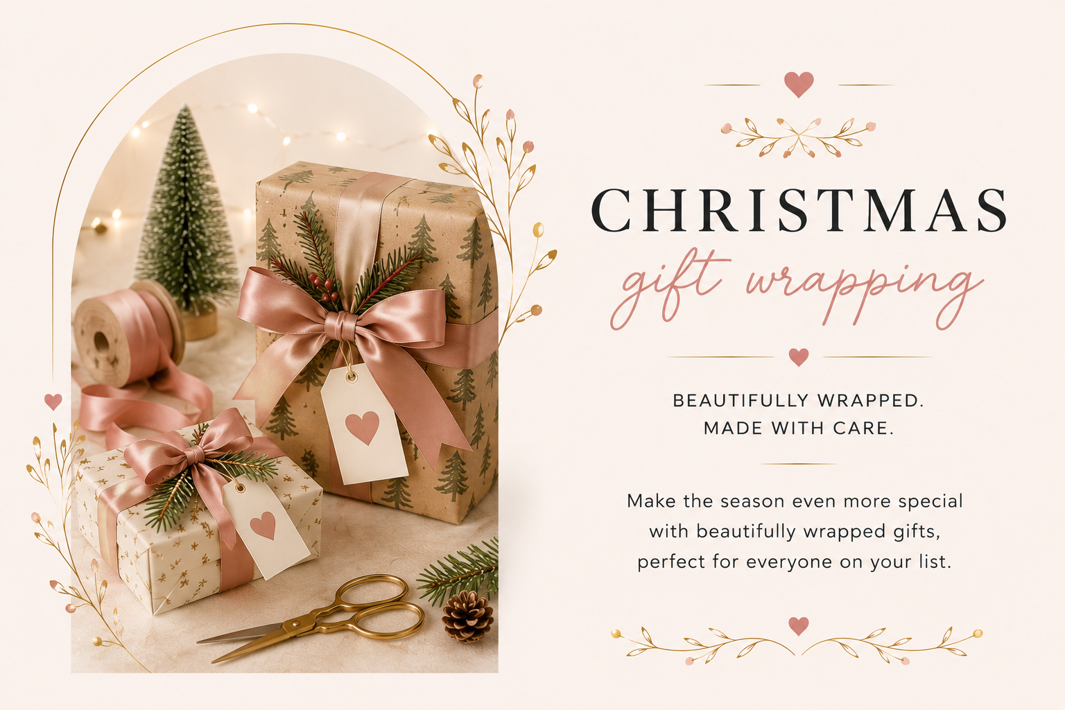 Christmas gift wrapping advertisement showing two wrapped presents with pink satin ribbons, pine sprigs, and gift tags. A small faux Christmas tree, pine cone, scissors, and wrapping ribbon are also visible. Elegant decorative text promotes Christmas gift wrapping services.