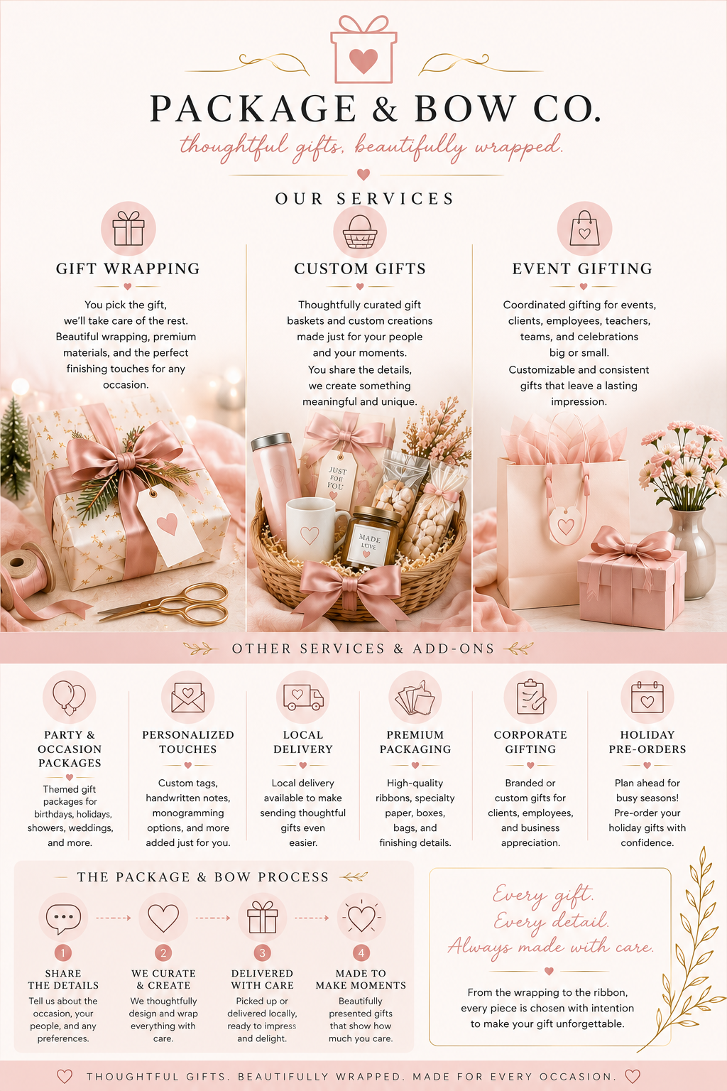 A marketing flyer for Package & Bow Co. showcasing their gift wrapping, custom gifts, and event gifting services, with images of wrapped gifts, a gift basket, and gift bags decorated in pink and white with floral accents.