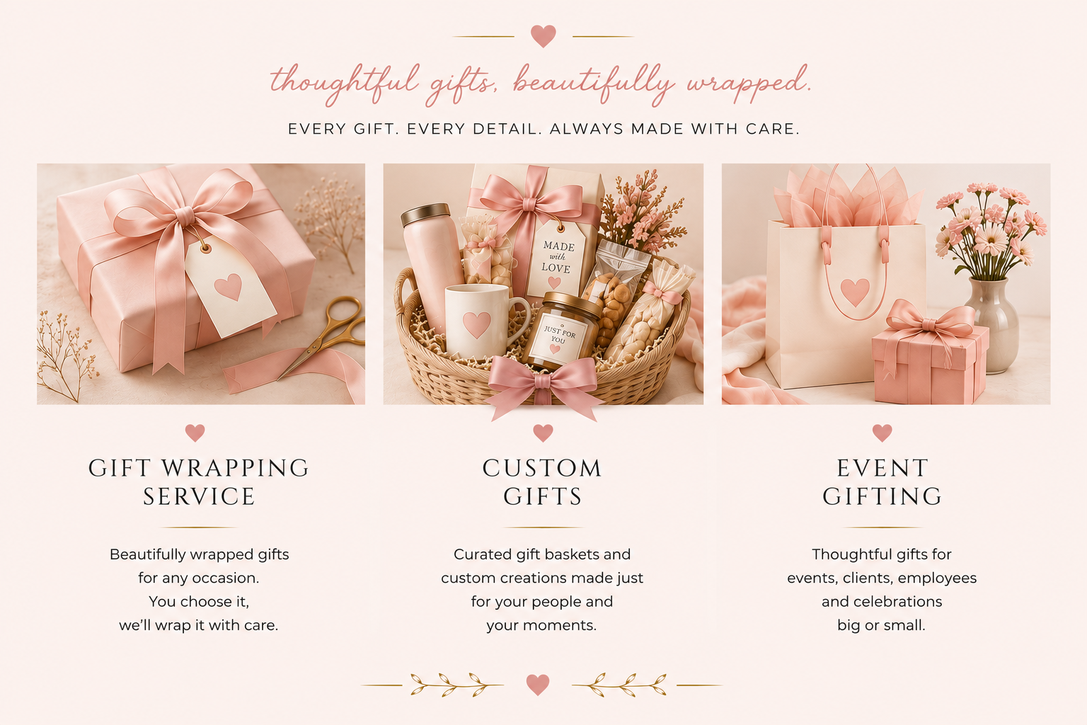 An advertisement for gift-giving services featuring three sections with images of pink and white gift boxes and flowers. The first section shows a wrapped pink gift box with a ribbon and a gift tag, labeled 'Gift Wrapping Service.' The second section displays a basket of custom gifts including mugs, a jar, and snacks, labeled 'Custom Gifts.' The third section features a white gift bag and a pink wrapped box with flowers, labeled 'Event Gifting.'