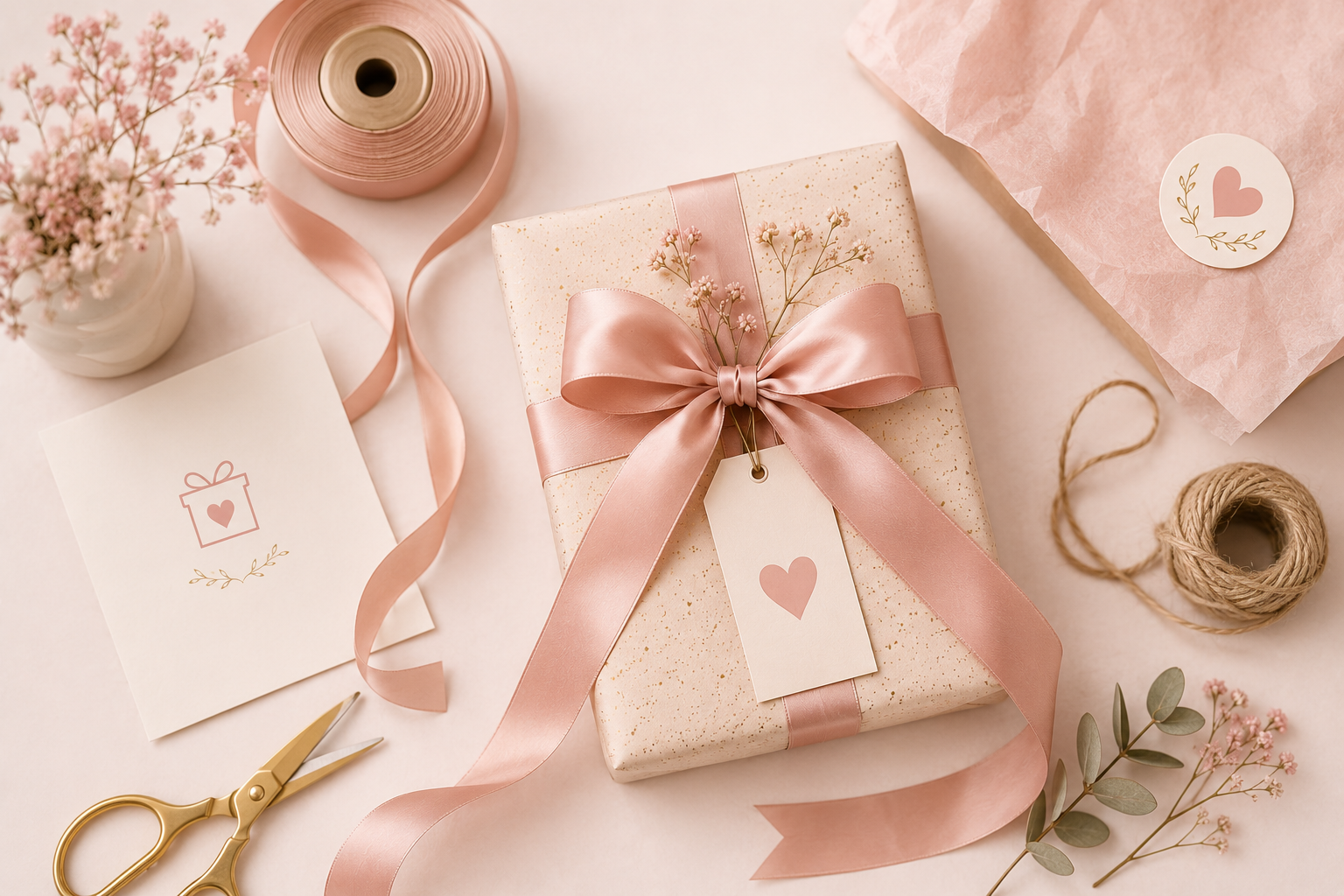 A gift wrapped in cream-colored paper with gold speckles, tied with pink satin ribbon and decorated with small pink flowers on top. Surrounding items include pink flowers in a white vase, pink ribbon, a gift tag with a pink heart, a pair of gold scissors, a spool of twine, tissue paper, and a sticker with a pink heart and laurel design.