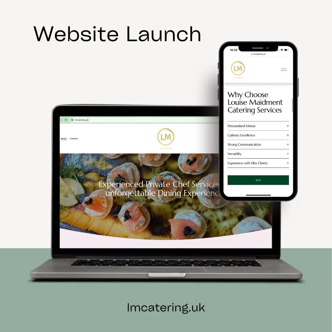 Laptop and smartphone displaying website for Louise Maidment Catering Services, showcasing menu options and a food image.