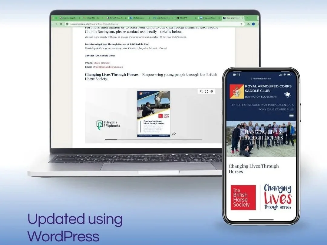 A laptop and a smartphone displaying the website of the Royal Armoured Corps Saddle Club. The laptop screen shows an email or webpage about changing lives through horses, with contact details and a brochure image. The smartphone screen displays the mobile version of the same website, featuring a group photo, the club's logo, and information about empowering young people through horses.