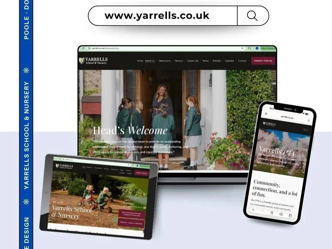 Screenshot of the Yarrells School & Nursery website displayed on a computer and mobile devices, featuring images of children and school activities.