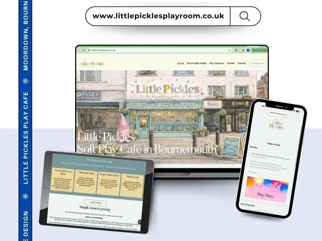 Screenshot of the Littlle Pickles Playground Play Cafe website on a laptop, with booking and menu options on a tablet and smartphone, promoting sensory play and party bookings at the cafe in Bournemouth.