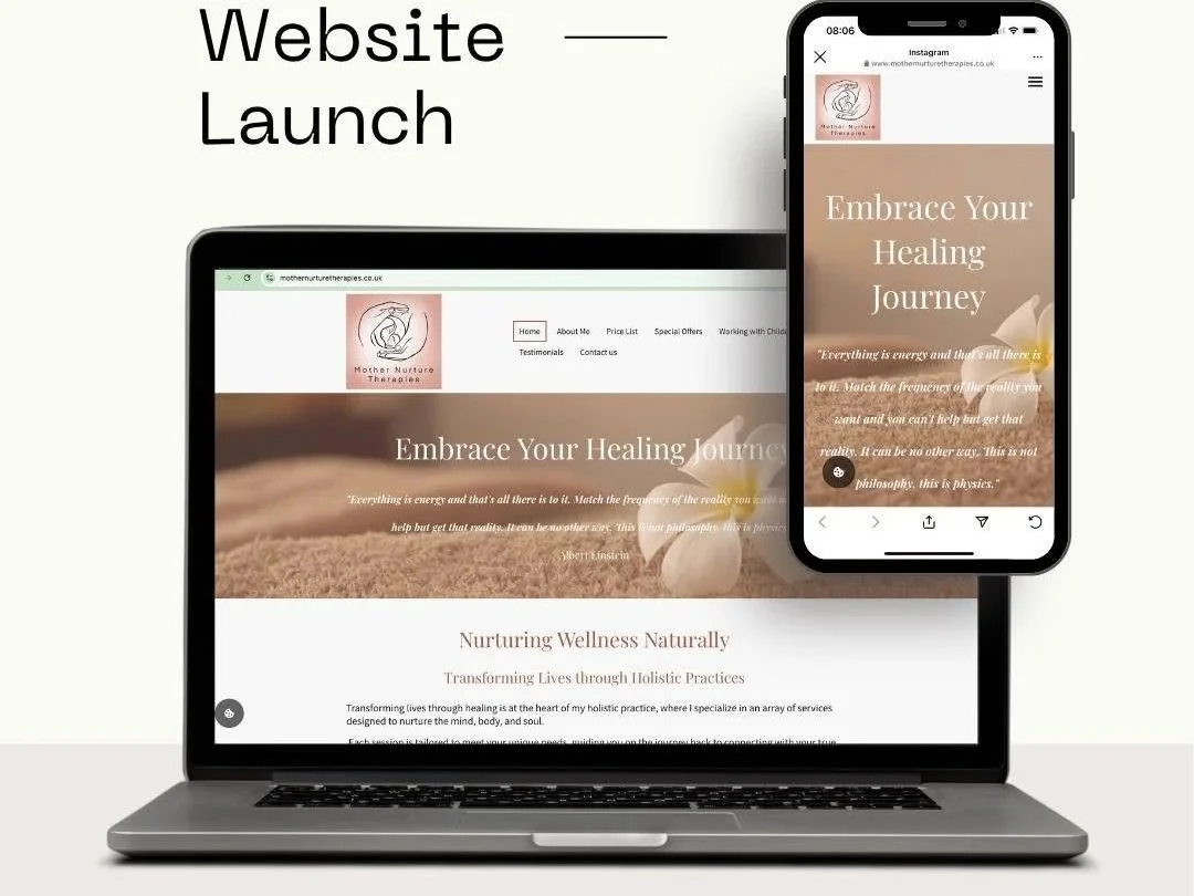 A laptop and smartphone displaying a website for Mother Nurture Therapies, with the tagline "Embrace Your Healing Journey" on both screens, and a background image of a flower and sand.