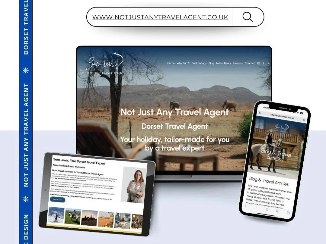 Responsive website display for Sam Lewis, a Dorset travel agent, on desktop, tablet, and smartphone screens, featuring travel destination images, a logo, and navigation menu.