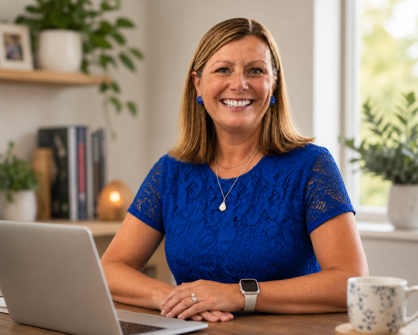 A woman sitting at a desk smiling, wearing a blue dress, with a laptop and mug on the desk, and a background with plants and shelves.