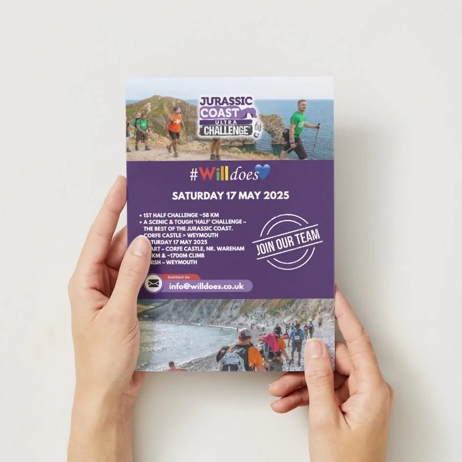 Flyer for Jurassic Coast Ultra Challenge event on Saturday, May 17, 2025, featuring photos of hikers and scenic coastal views, with event details and contact information.