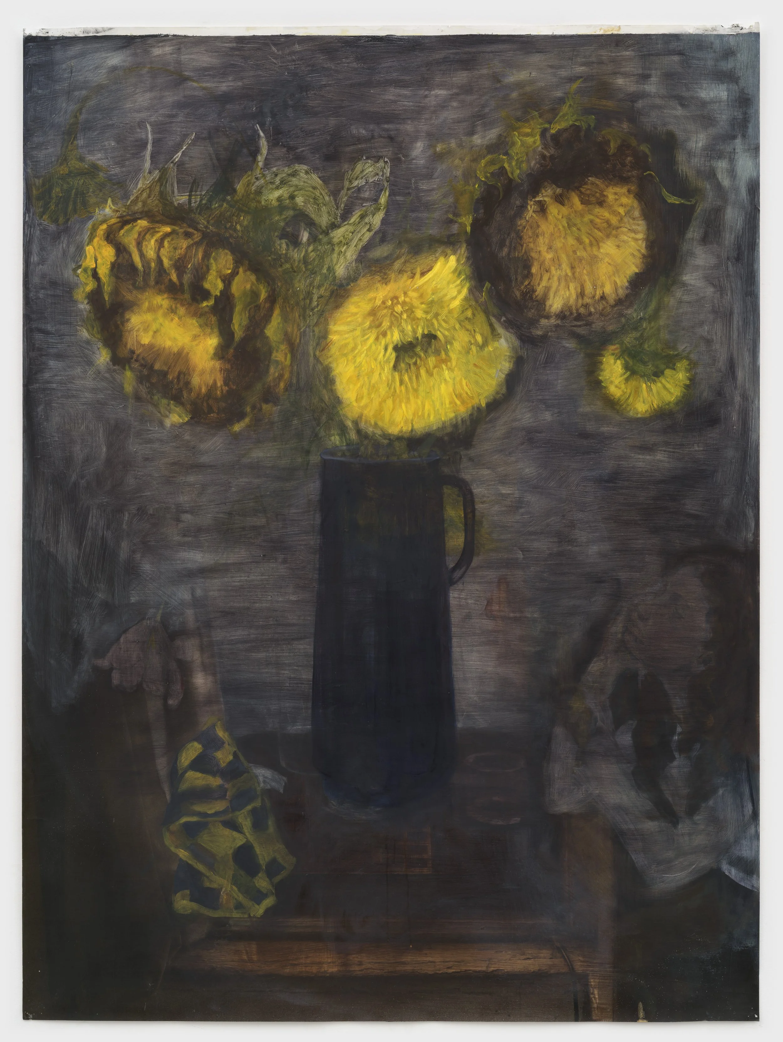  Sunflowers and Child (View from my Window of the Construction Site) , 2024, oil on archival pigment print, 50 × 43 in.
