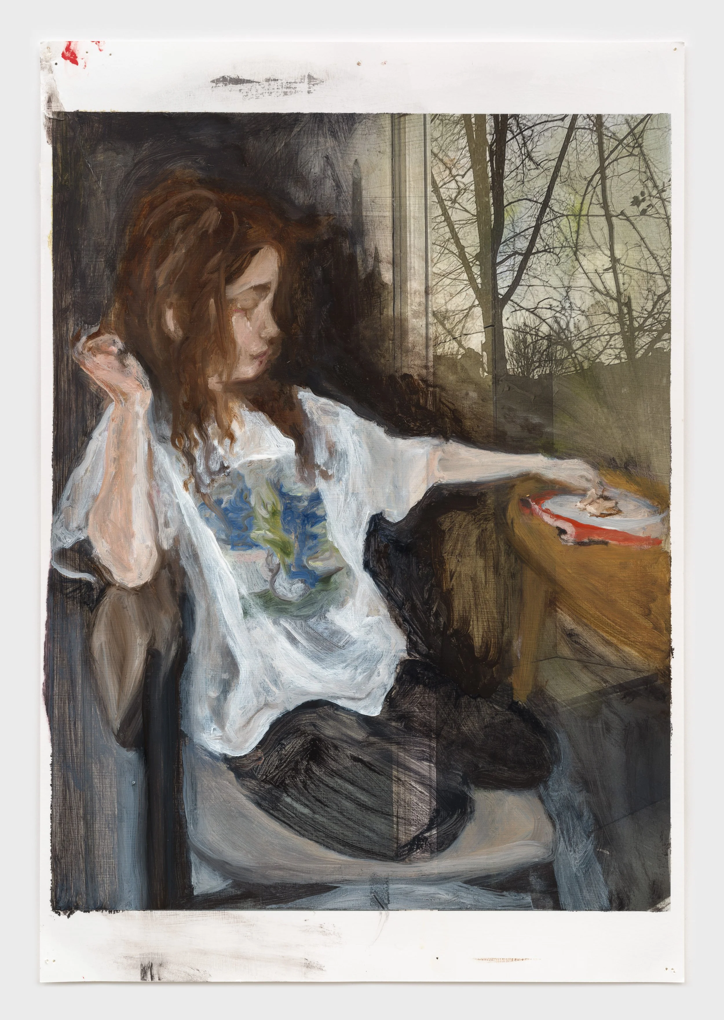  Linens and Radiator Nursery , 2025, oil on archival pigment print, 28 × 22 in.