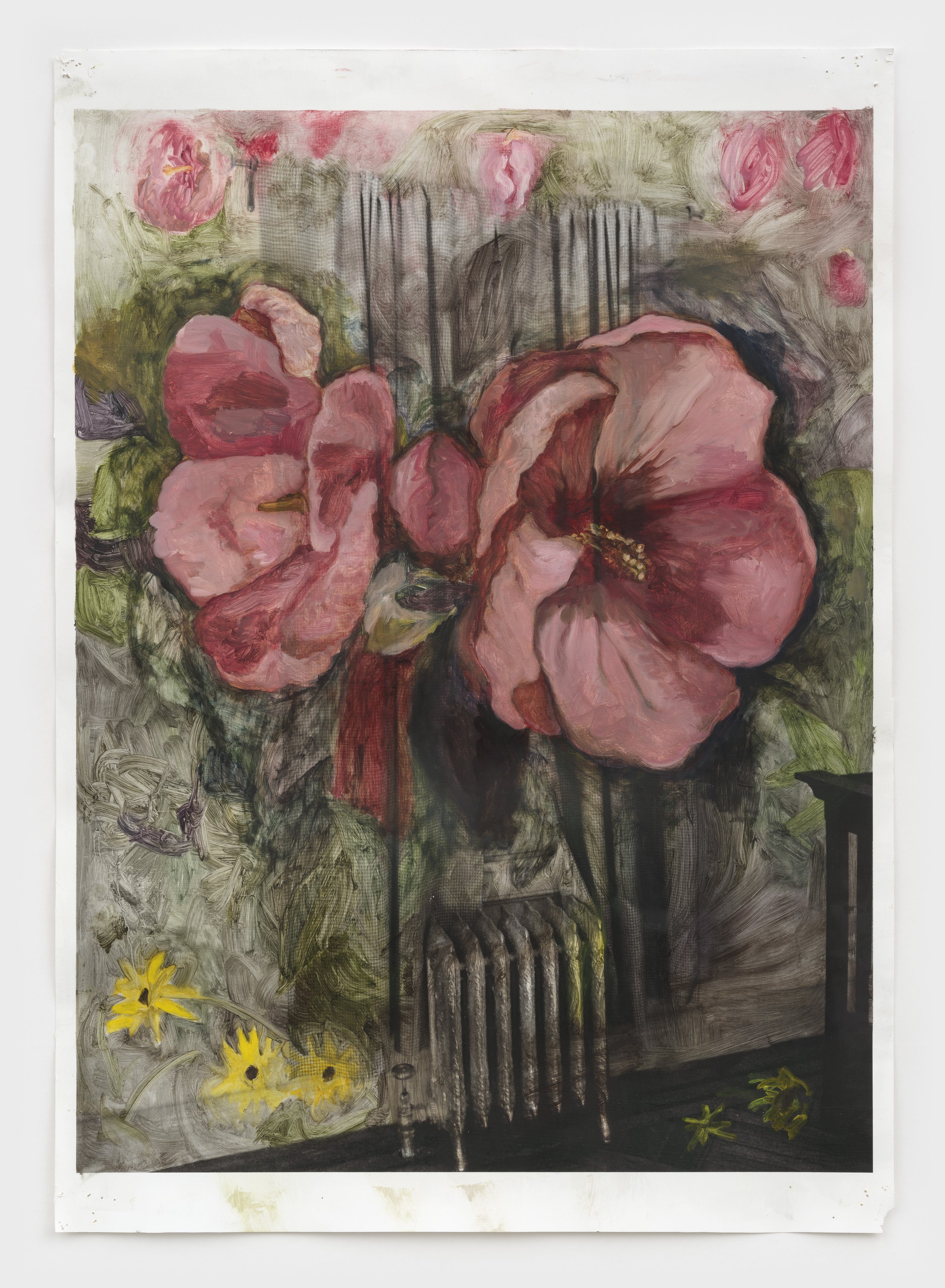  Linens and Radiator Nursery , 2025, oil on archival pigment print, 28 × 22 in.