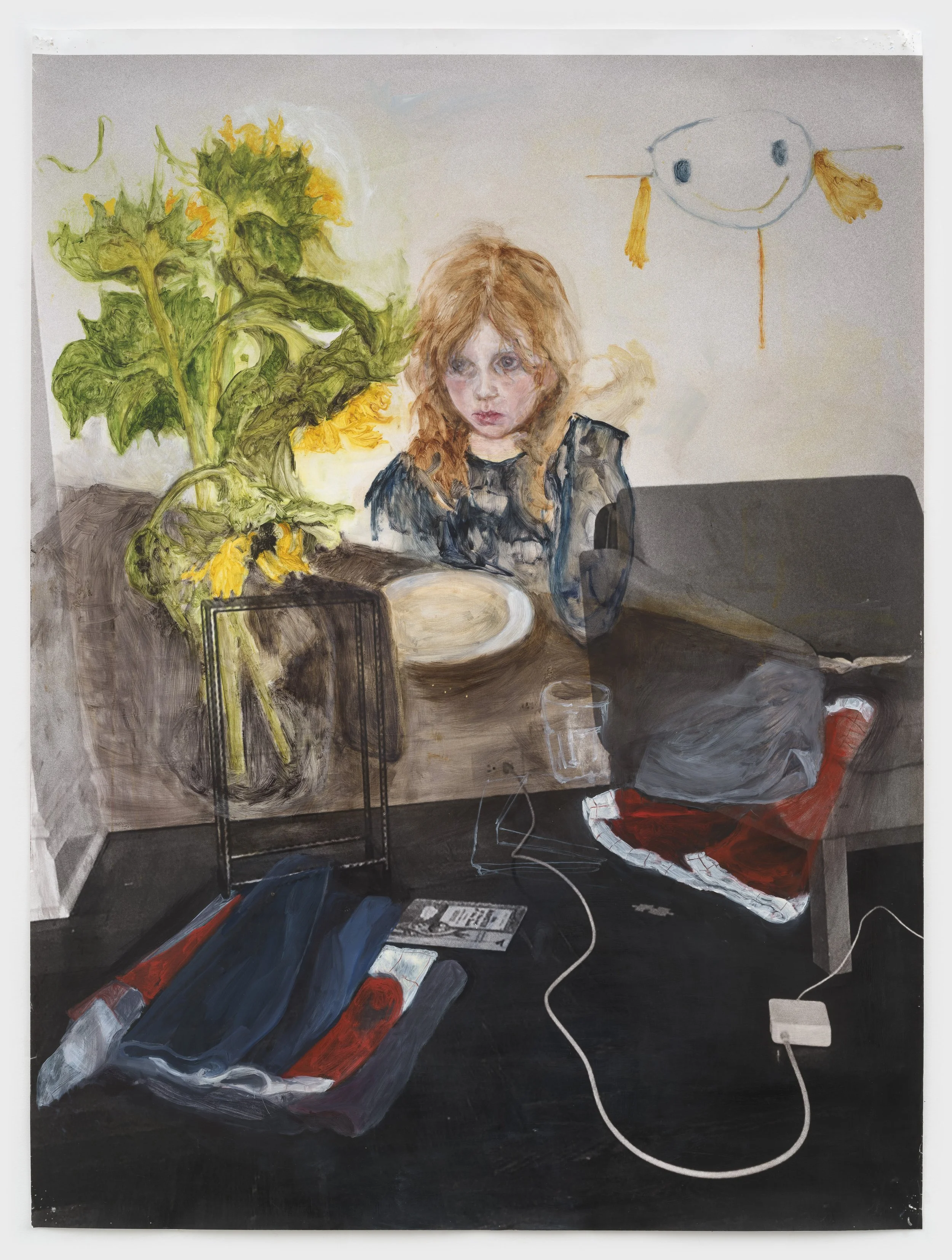  Smiley Face , 2026, oil on archival pigment print, 150 × 43 in.