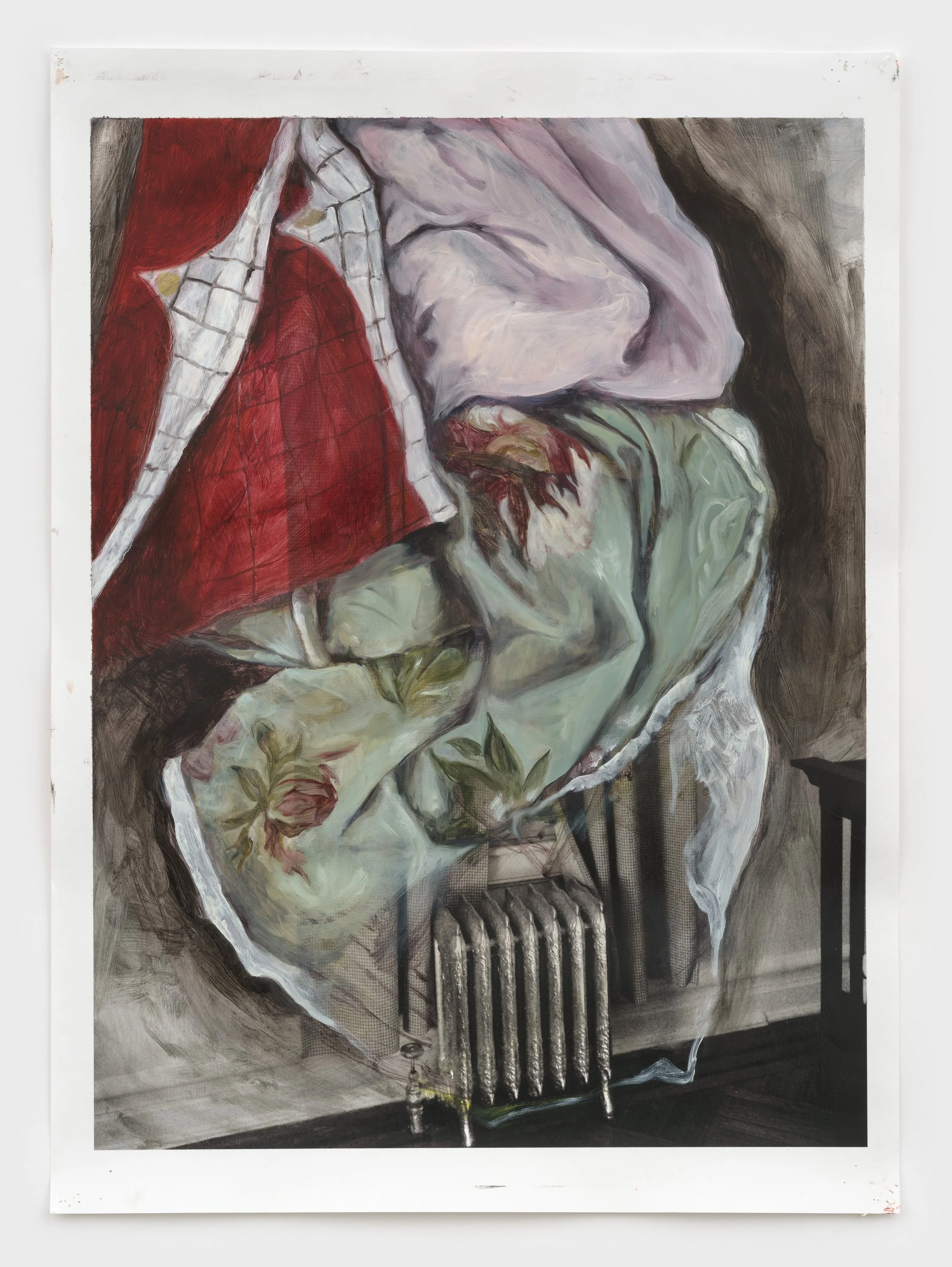  Linens and Radiator Nursery , 2025, oil on archival pigment print, 28 × 22 in.