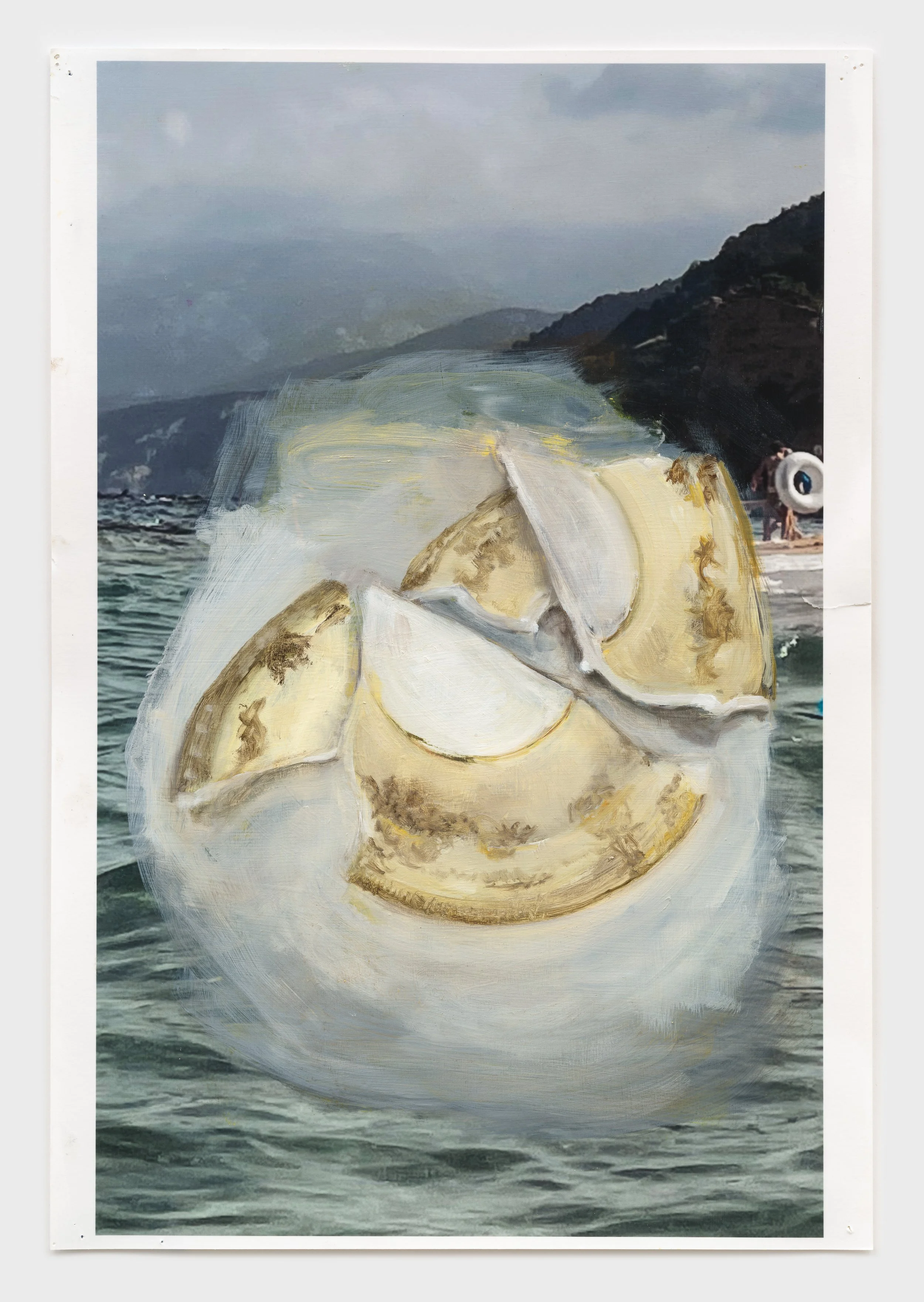  Dishes , 2025, oil on archival pigment print, 19 × 13 in.