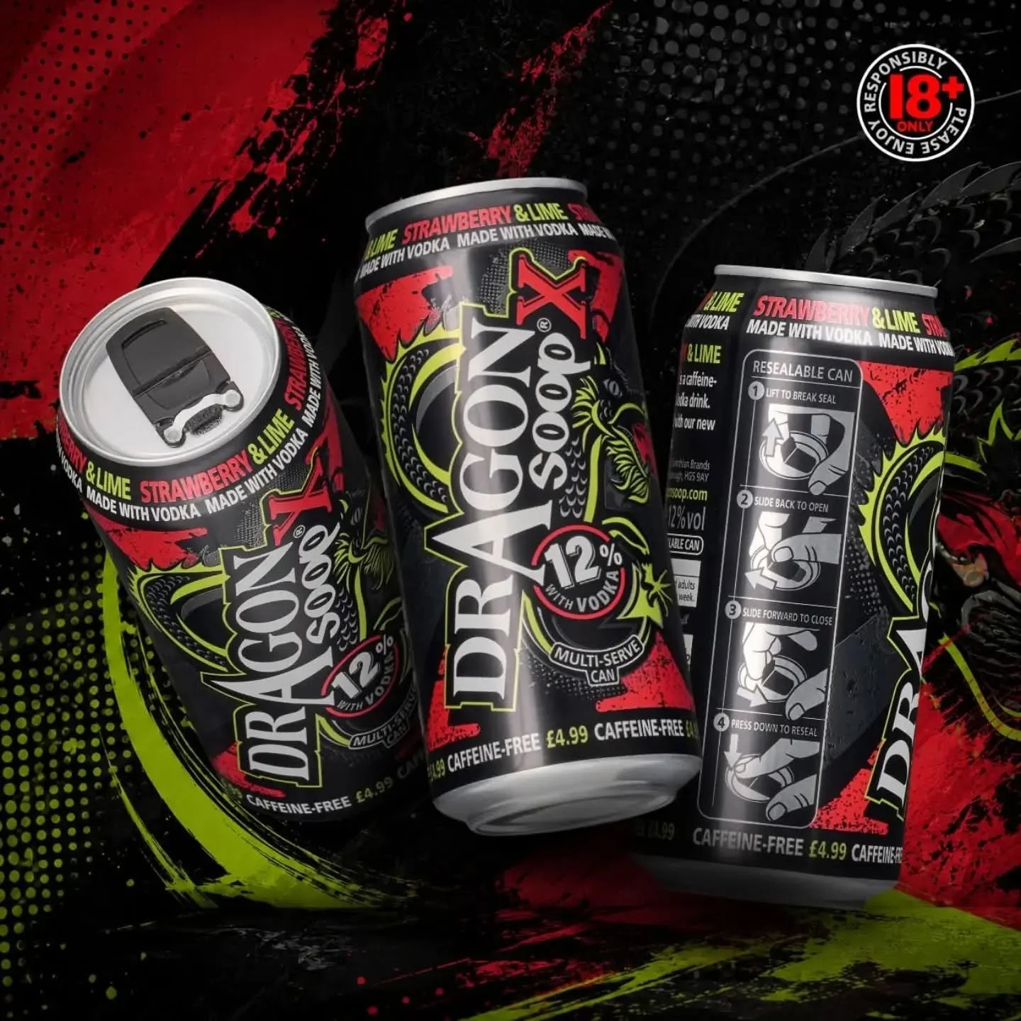 Bold from every angle...

Dragon Soop X Strawberry &amp; Lime 🍓🍋&zwj;🟩

12% ABV, vodka-based, caffeine-free. 18+ only.

Please enjoy #dragonsoopx responsibly