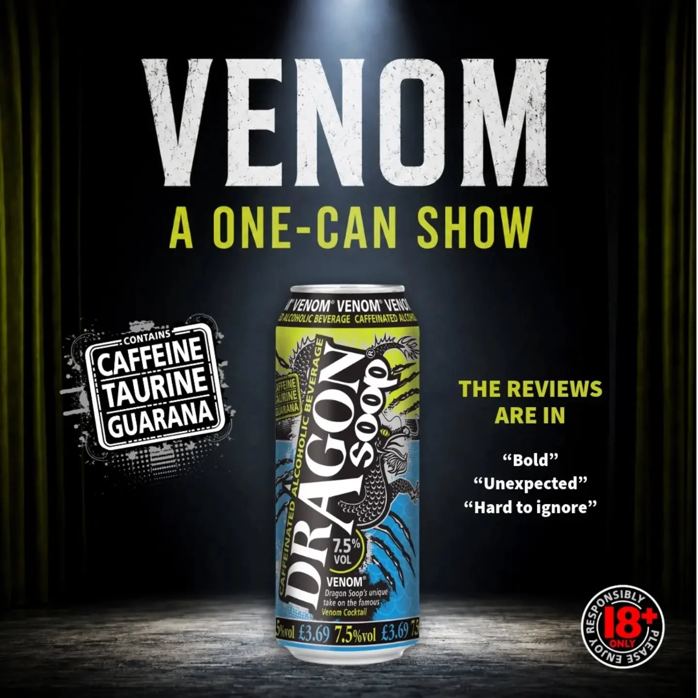 Venom takes centre stage 🎭

#DragonSoop is 7.5% ABV. Contains Caffeine, Taurine &amp; Guarana

dragonsoop.com

18+ only. Please enjoy responsibly